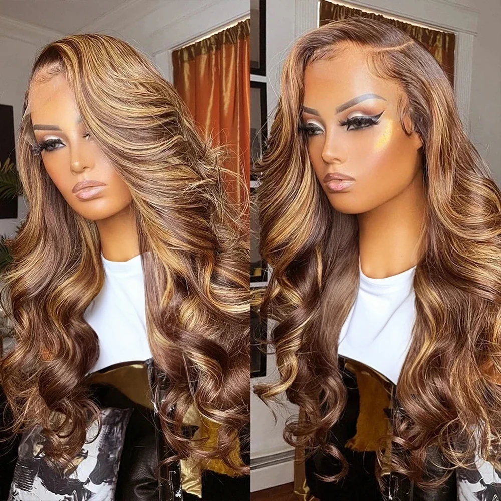 

Body Wave Highlight 13x6 Lace Front Human Hair Wig Brazilian Wave 4-27 Colored 13x4 Lace Front Wigs For Women Pre Plecked 40inch
