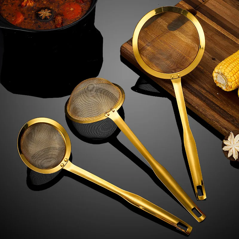 5 Dimensioni Acciaio Inossidabile Dorato Skimmer Mesh Oil Pot Filtro Colino Mestolo Setaccio Colino Con Manico Lungo Accessori Da Cucina