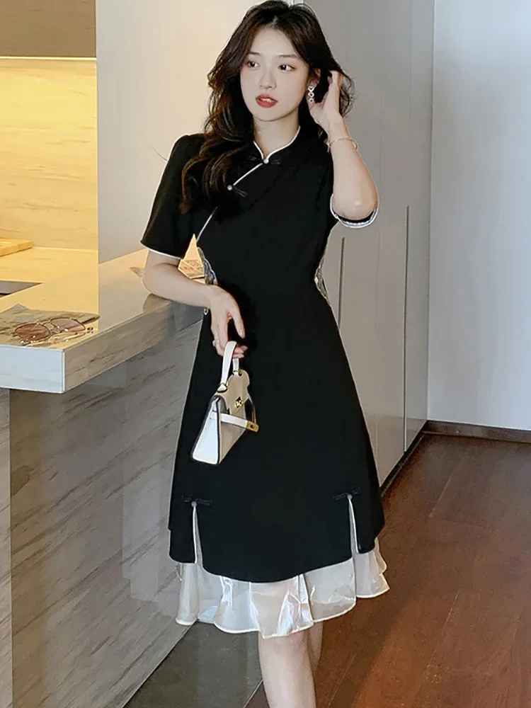 

Vintage Luxury Chic Black Patchwork Mesh Ruffled Midi Dress Women Elegant Embroidery Dress 2024 Summer Fashion Bodycon Vestidos
