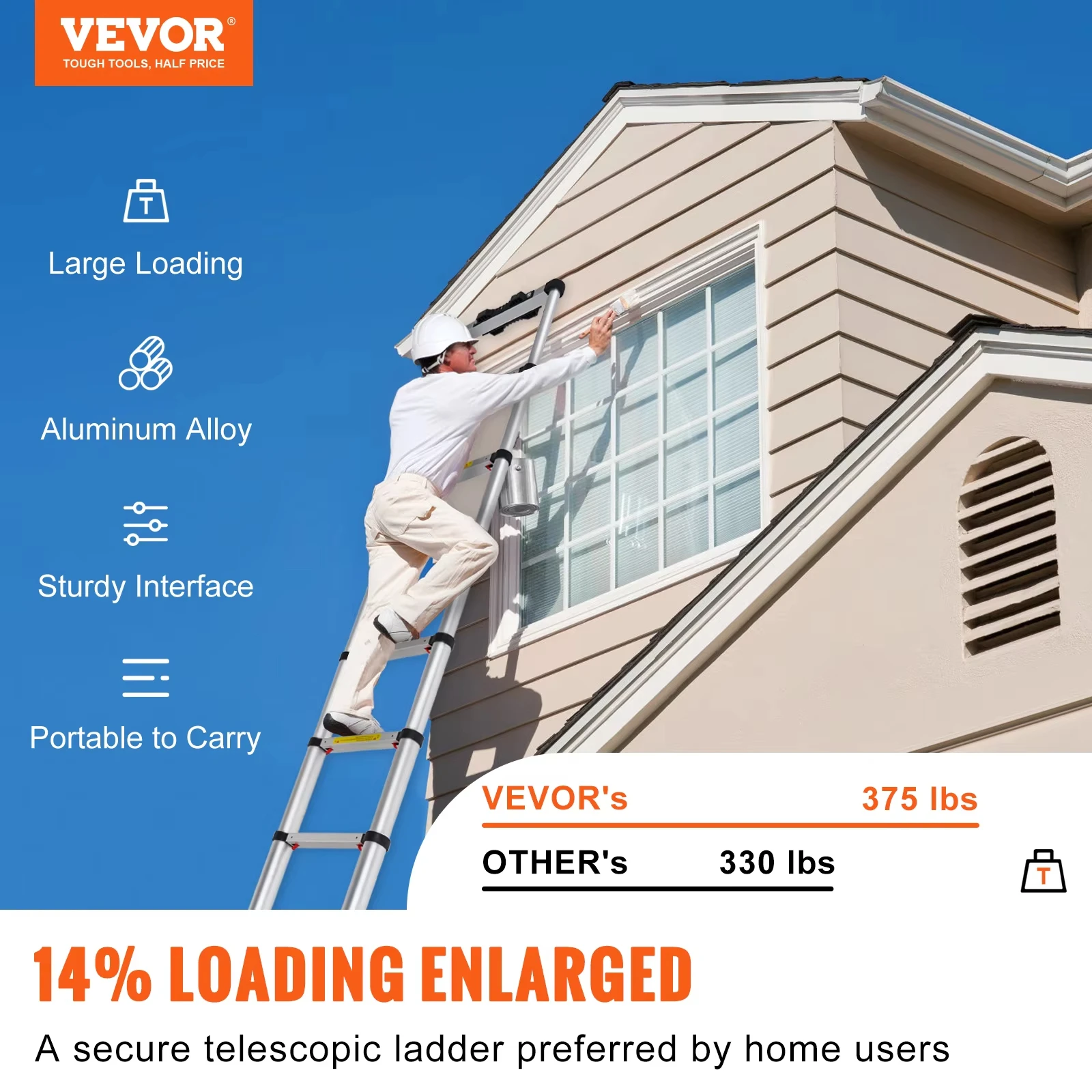 VEVOR Telescoping Ladder 12.5 FT Aluminum One-Button Retraction Collapsible Extension 375 LBS Capacity w/Non-Slip for Home RV Folding ladder
