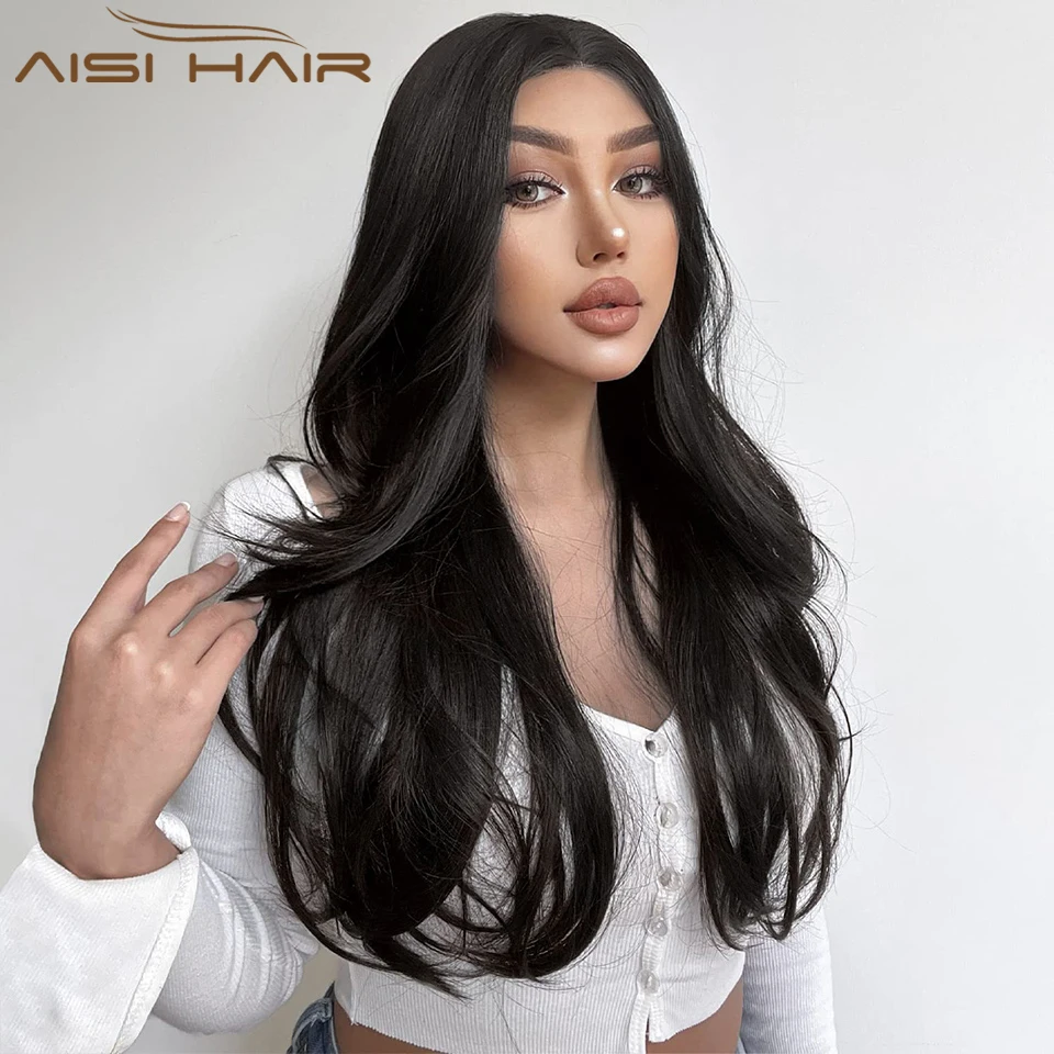 

AISI HAIR Synthetic Long Layered Wig Black Middle Part Wavy Wigs for Women Natural Daily Party Hair Heat Resistant Fiber