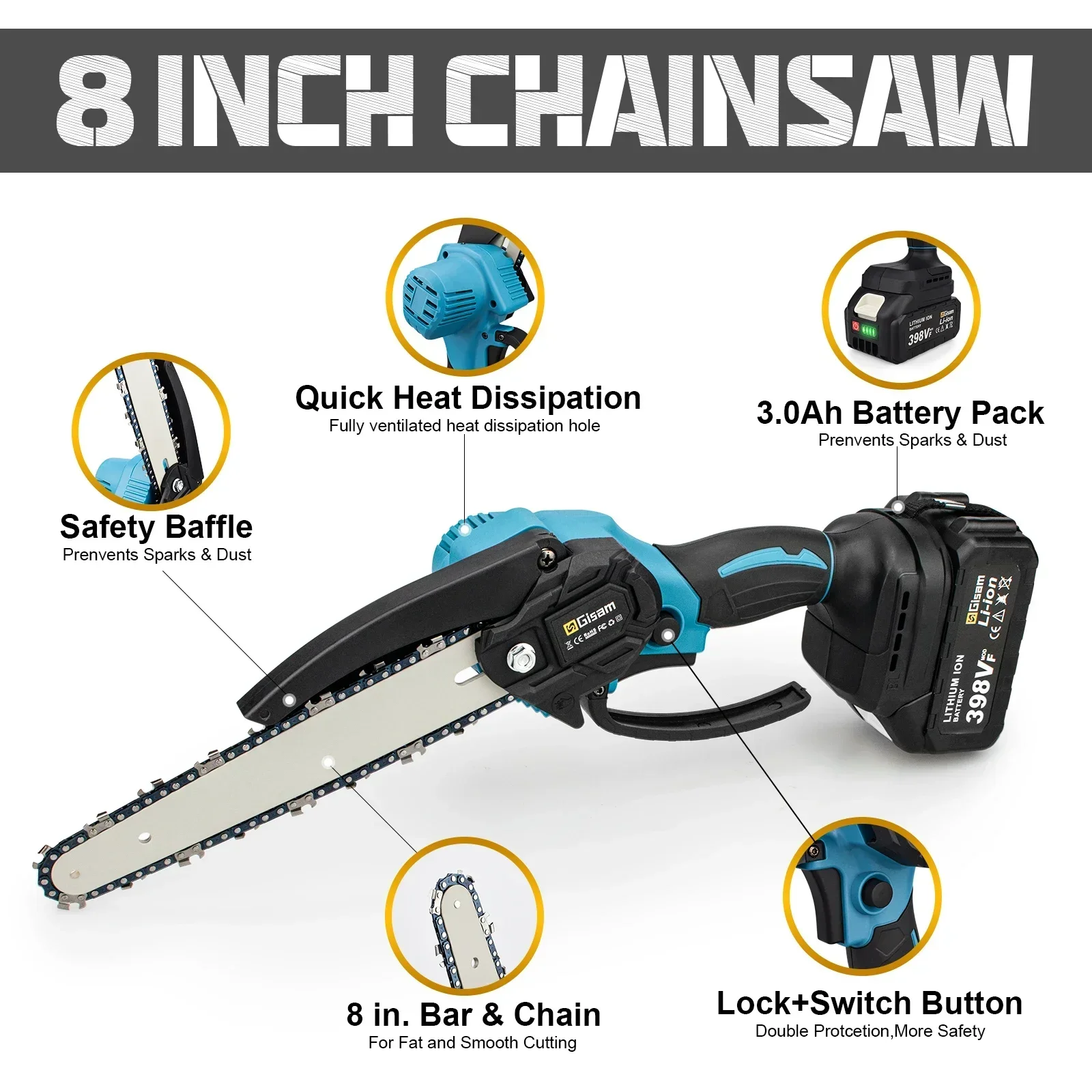 8 Inch Brushless Electric Saw Handheld Portable Wood Logging Chainsaw Garden Pruning Wood Power Tool  for Makita 18V Battery 4