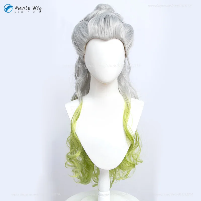 Anime Daki Cosplay Perücke 100cm Grau-Grün Ombre Zopf Hitzebeständig + Gratis Wig Cap 3