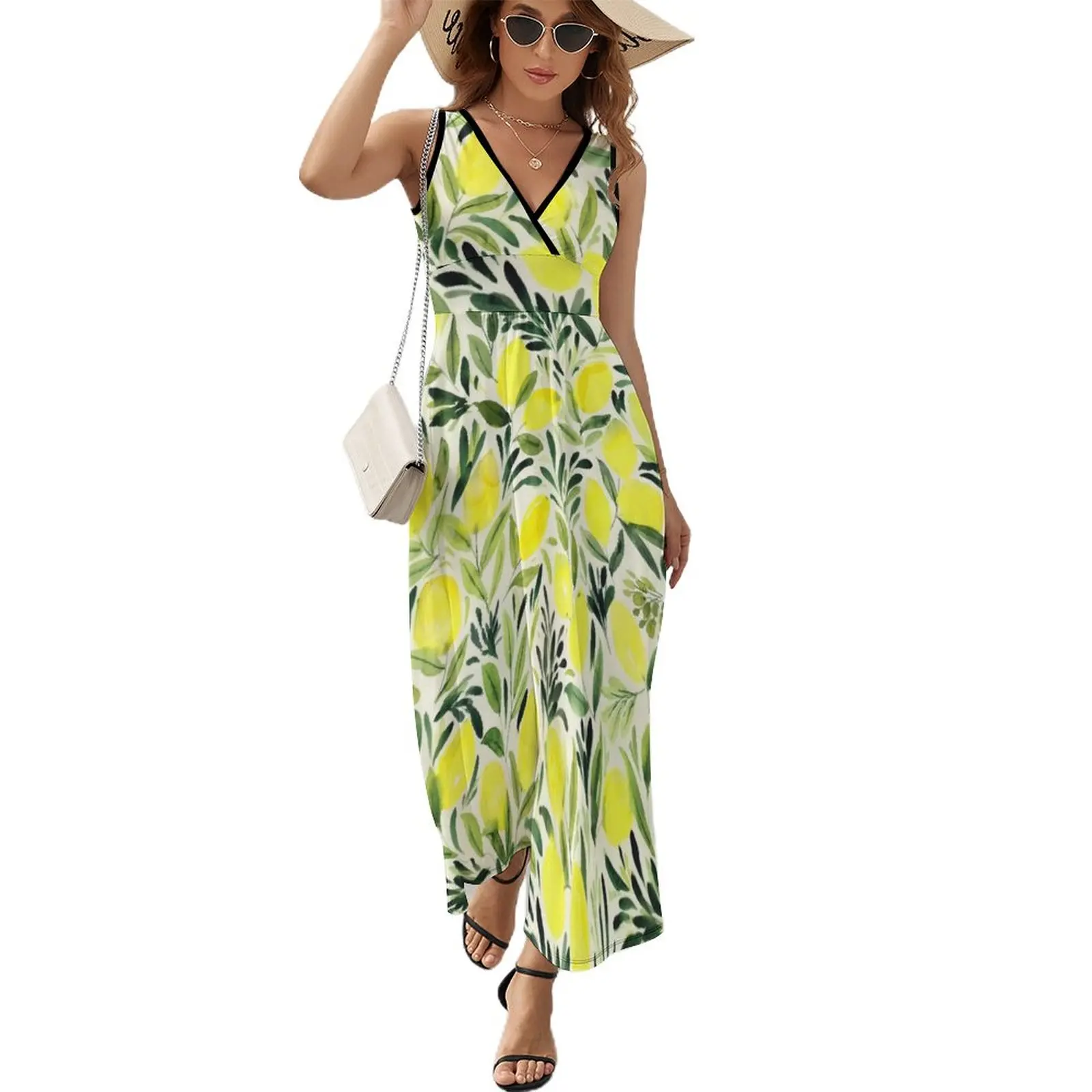 

Lemons watercolor on creme white Sleeveless Dress evening dress ladies party dress women elegant luxury