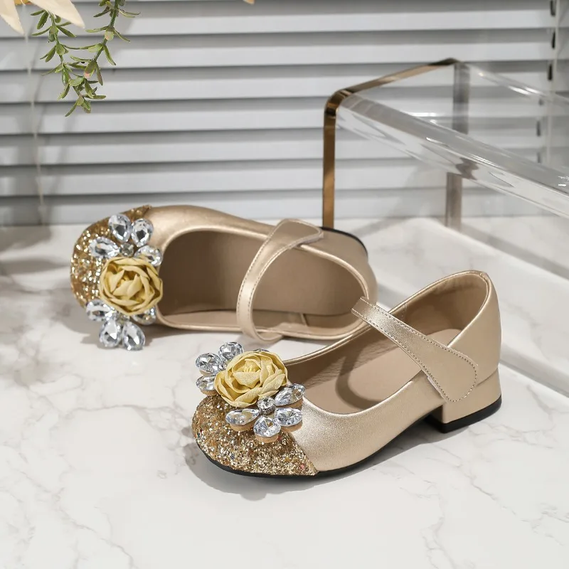 Girls Leather High Heel Shoes with Rhinestone for Wedding Party