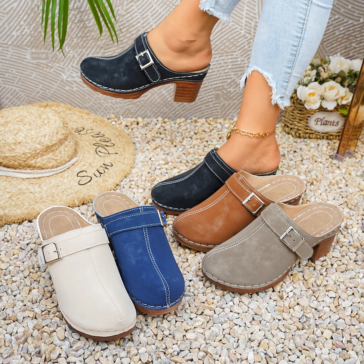 Women Mules Slippers High Chunky Block Heel Clogs Closed Toe Slip on Vintage Summer Casual Comfortable Walking Shoes 1