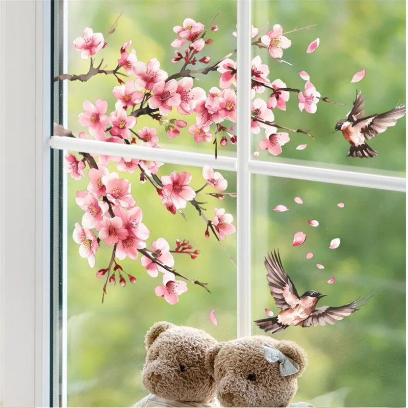 Removable Watercolor Pink Peach Blossom Tree Branches Birds Wall Stickers For Bedrooms Living Rooms Glass Windows Decorative