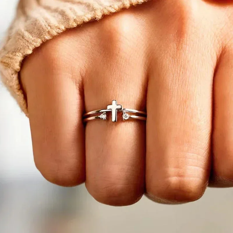 Silver Color Cross Ring Female Fashion Finger Jewelry Bright Cubic Zirconia Accessories for Daily Wear silver ring wedding rings finger rings womens ring jewelry rings ring jewelry signet ring cross rings round rings cross jewelry