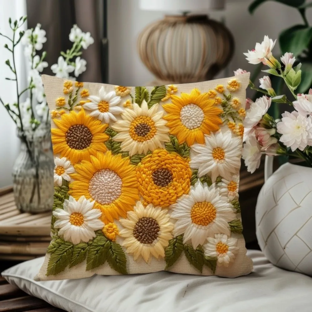 Sunflower pillow cover with an all-over floral arrangement