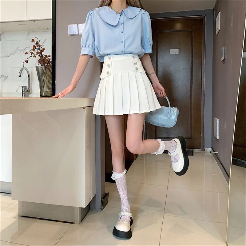 silk skirt Women Pleated Skirts Black White Elegant A-Line Skirt Casual Spring Summer Sweet E-Girls Drill Double Breasted Skirts Dance Show nike skirt