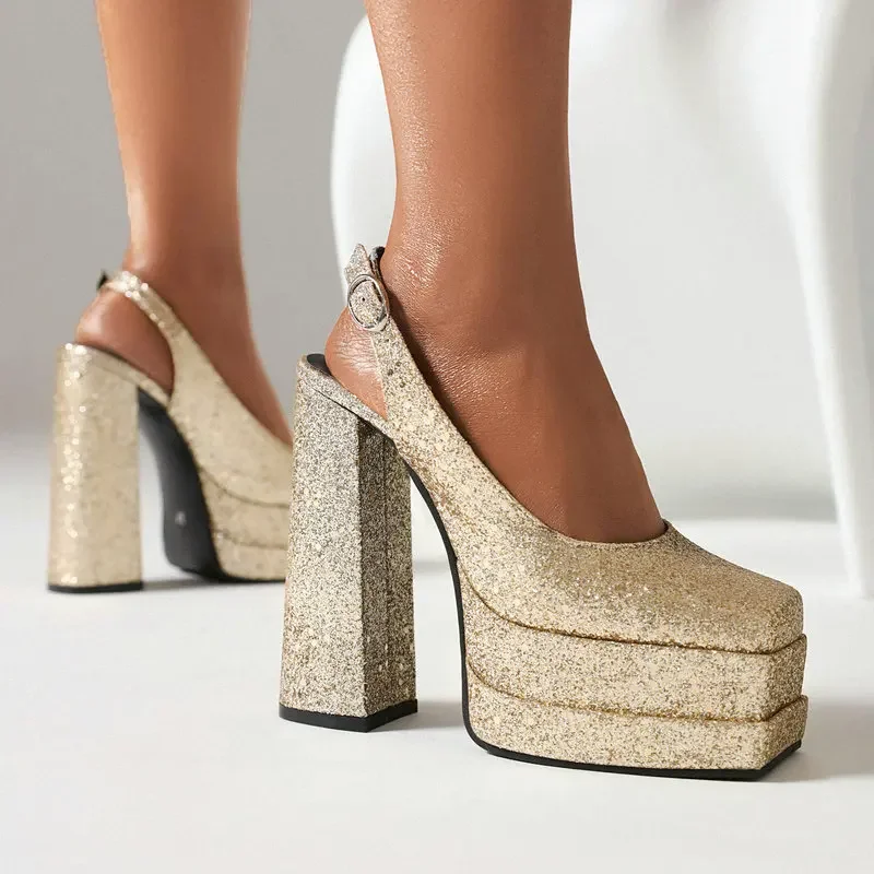 

Женские блестящие туфли-лодочки с закрытым квадратным носком, на высоком блочном каблуке и платформе, очень большие размеры 34-48