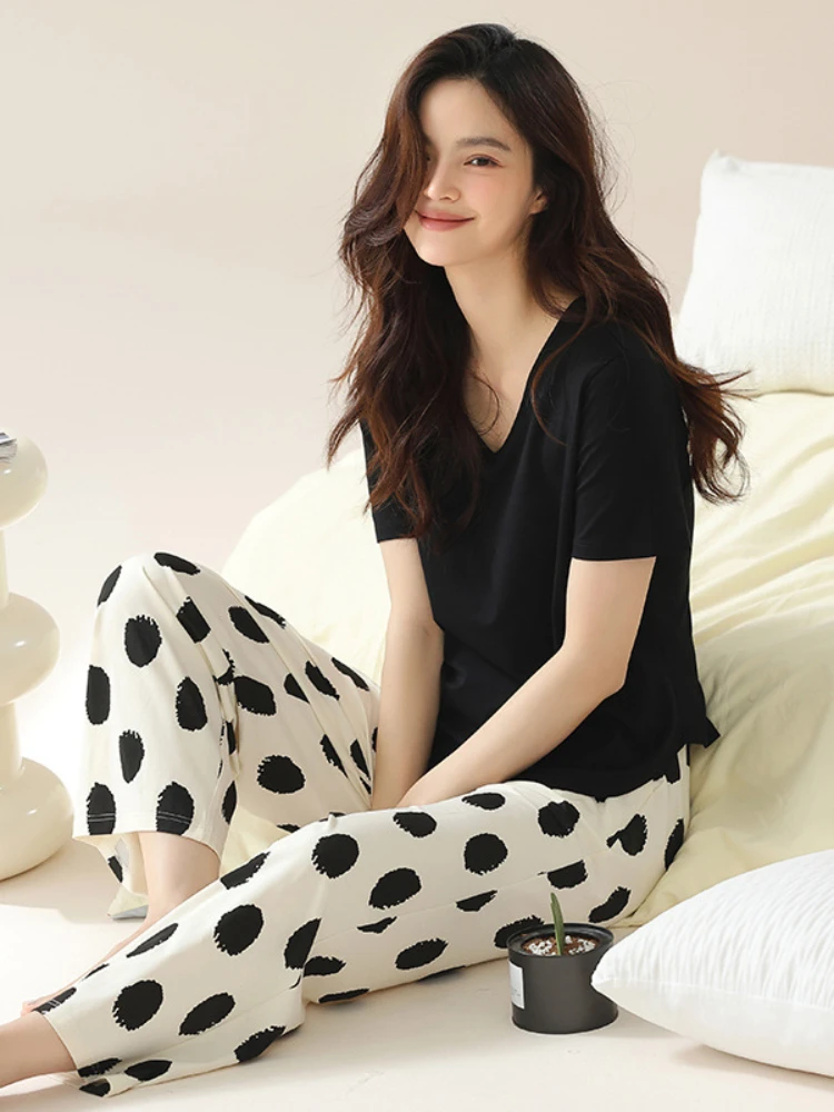 

Summer Thin Lycra Cotton Pajamas Women's V-Neck Simple Casual Polka Dot Print Fashionable Wearable For Outdoor Home Clothing