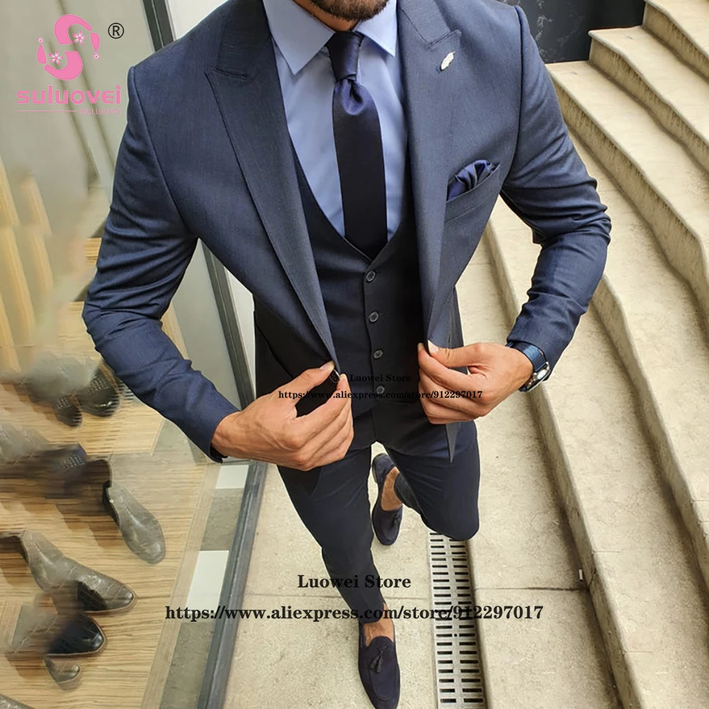 

Classic Slim Fit Suits For Men Formal Wedding Groom 3 Piece Jacket Vest Pants Set Male Peaked Lapel Tuxedo Costume Homme Mariage