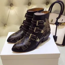 

Susanna Studded Real Leather Ankle Boots Women Round Toe Rivet Flower Martin Boots Women Luxury Velvet Boots Zapatos Mujer