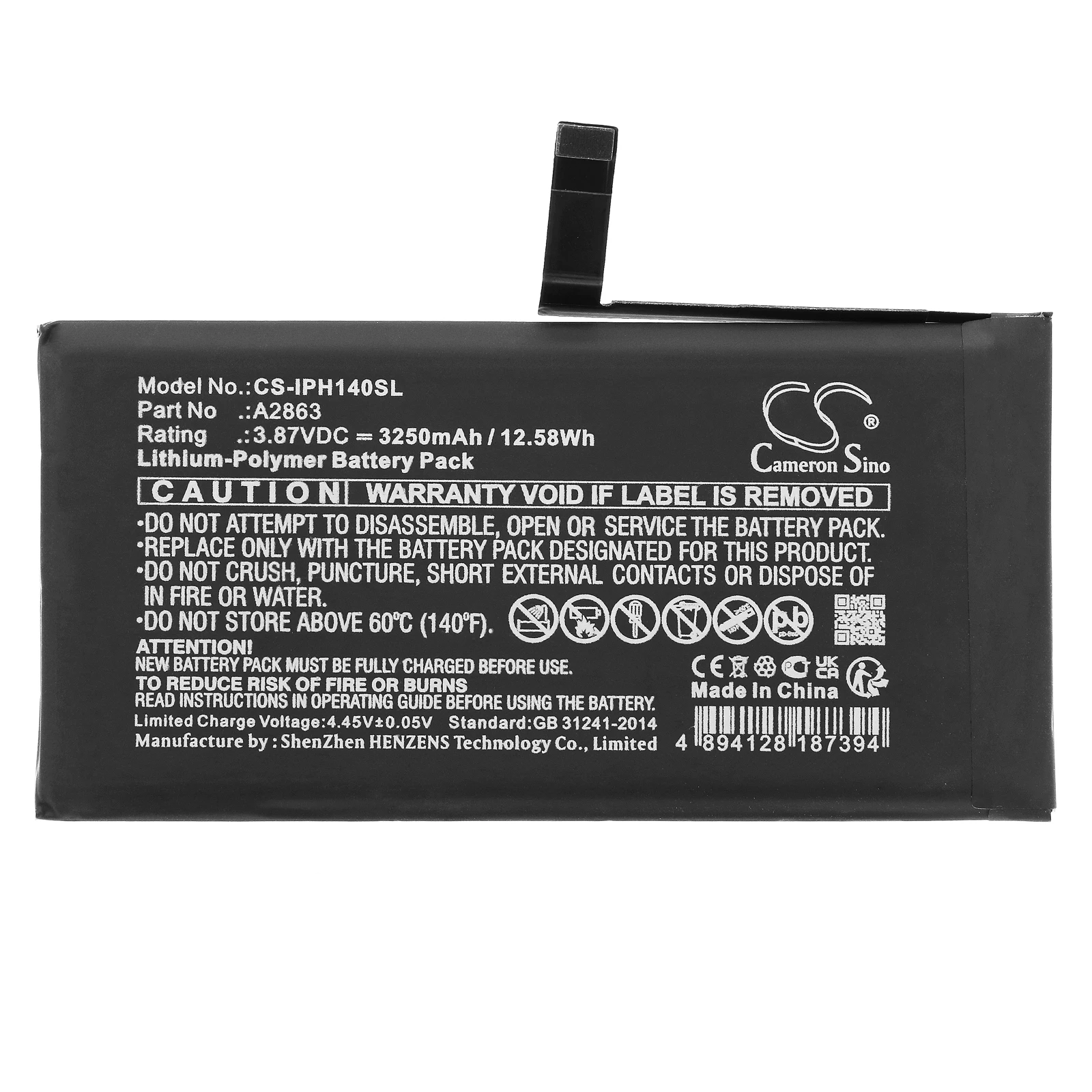 

3250mAh Mobile phone battery for Apple iPhone 14 A2863 Li-Polymer 3.87V 12.58Wh Digital Battery