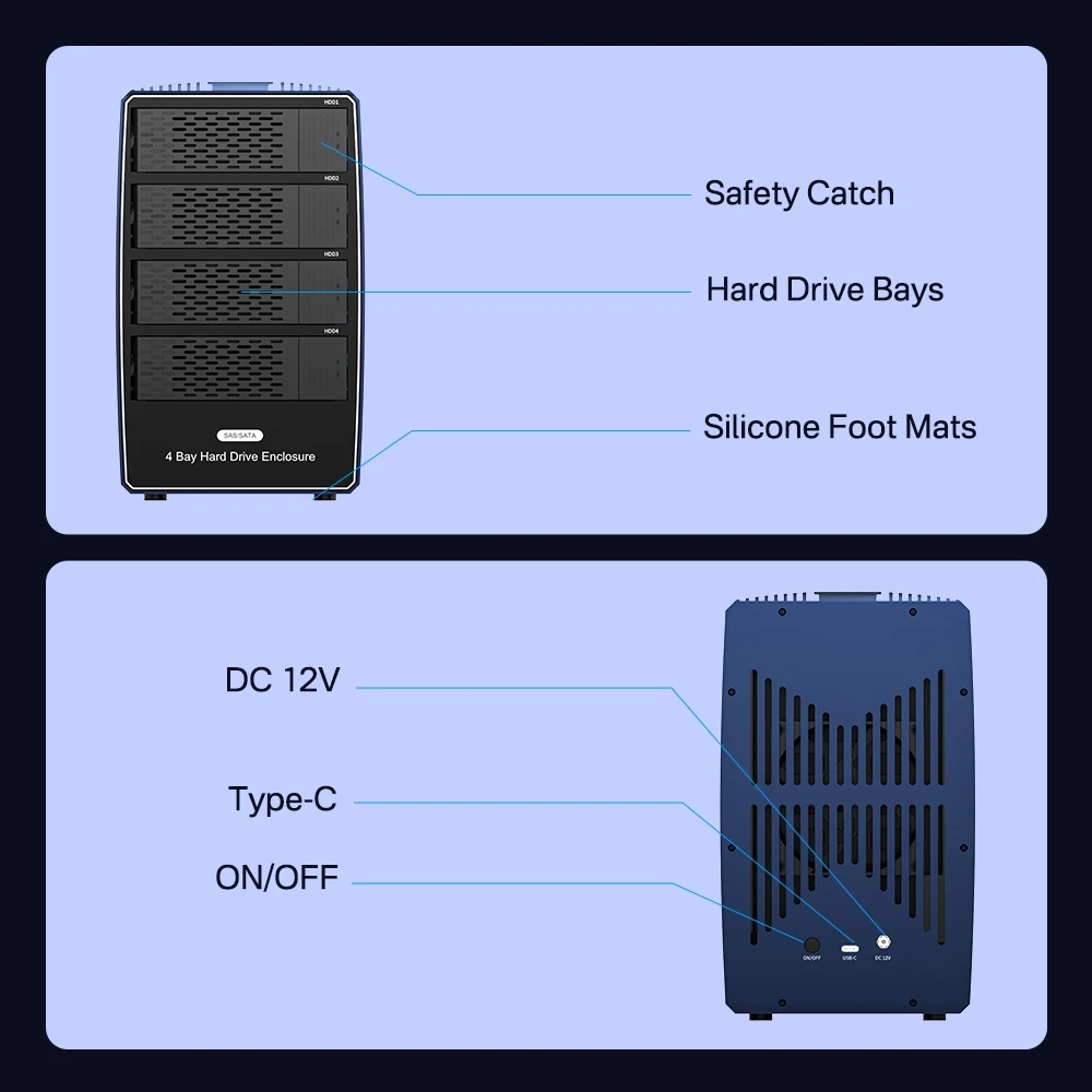 ACASIS 4베이 SAS/SATA 하드 드라이브 인클로저 2.5/3.5인치 외장 SAS HDD 인클로저 (USB-C to USB-A/C 케이블 포함) HDD SSD 케이스