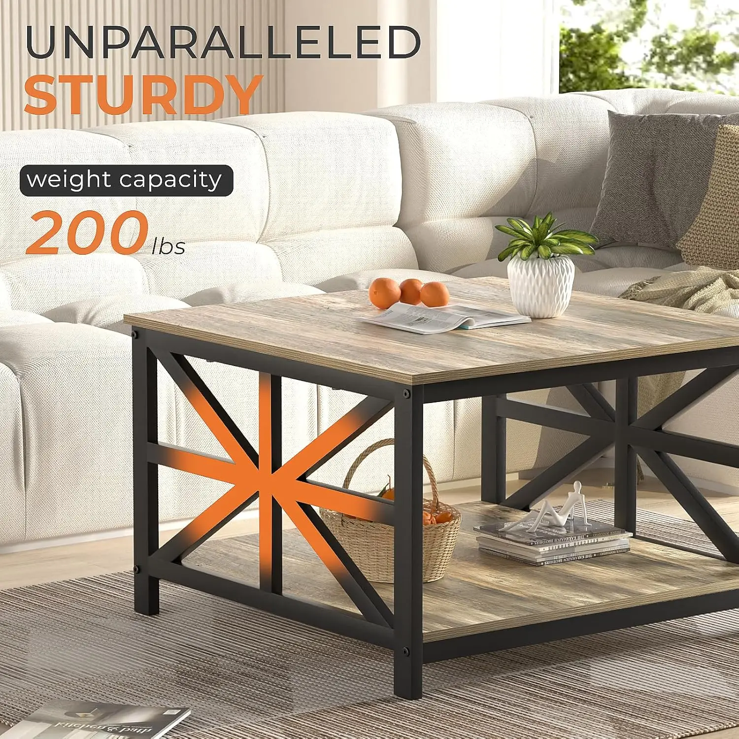 Coffee Table with Storage for Living Room, Small Square Center Tables with Seamless One-Piece Tabletop Farmhouse Style 3