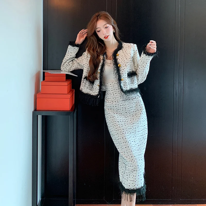 Korean Fashion Fall Winter Tassel Plaid Tweed Sets Korean Fashion