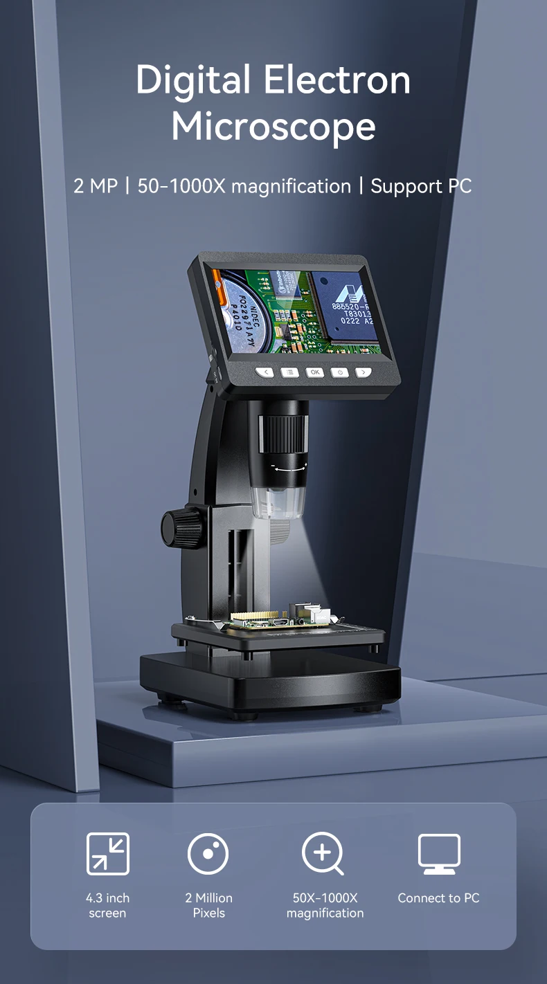 Description Picture 2 of item4.3'' Digital Microscope 50X-1000X Magnification USB Coin Microscopio 2MP 8LED Video Recorder Electron Microscopes for Computer