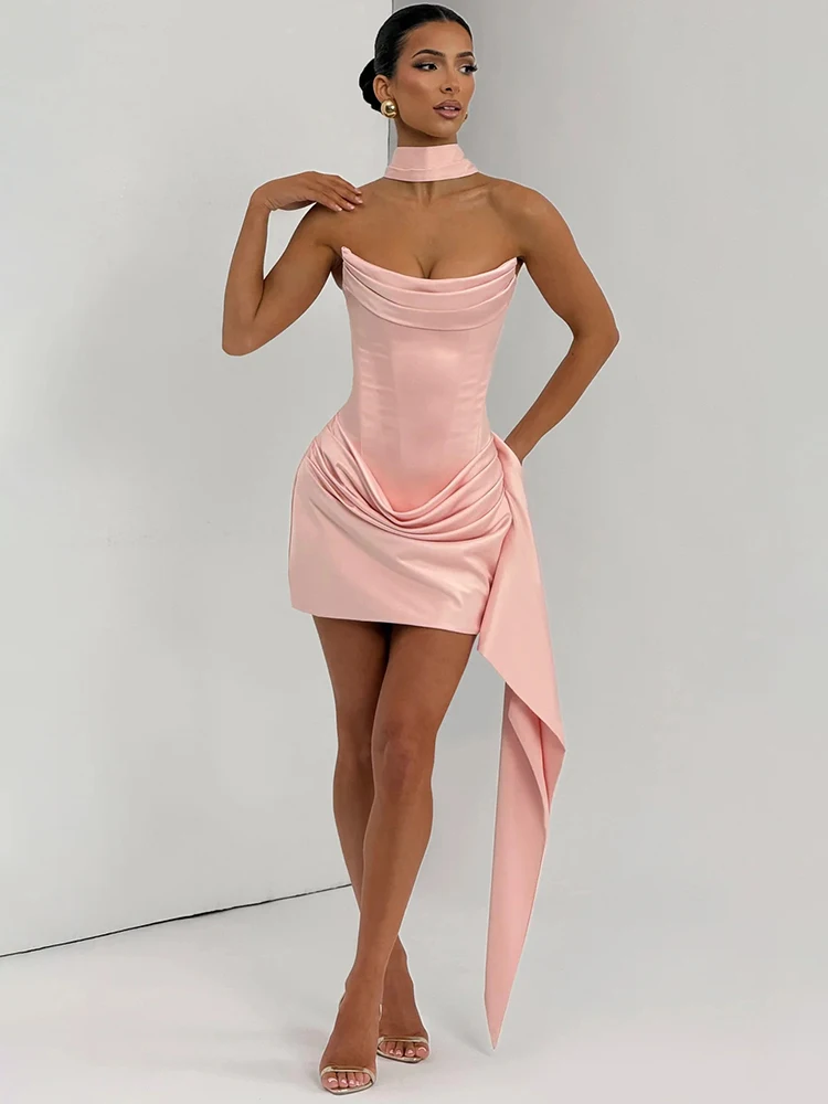 Mozision Off-shoulder Strapless Sexy Mini Dress Women Elegant Sleeveless Backless High Waist Draped Ruched Club Party Dresses 6