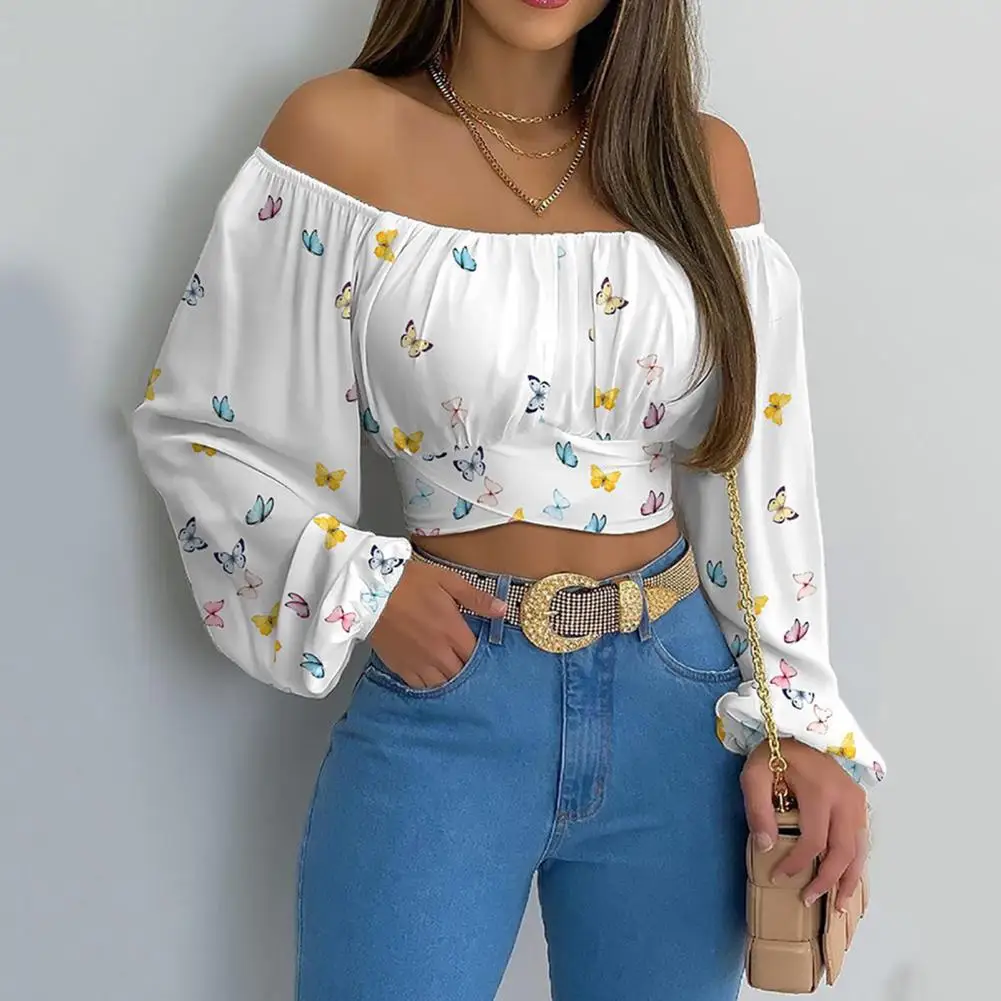 Women Sexy Cropped Tops Off Shoulder Lantern Long Sleeve Blouse Cross Lace-up Solid Color Loose Fit Tee Shirt Streetwear