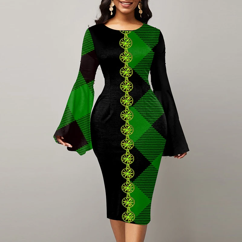 

Women Pencil Dresses Spring Autumn New Fashion O-Neck Geometric Print Midi Party Dress Elegant Ladies Flare Sleeve Slim Vestidos