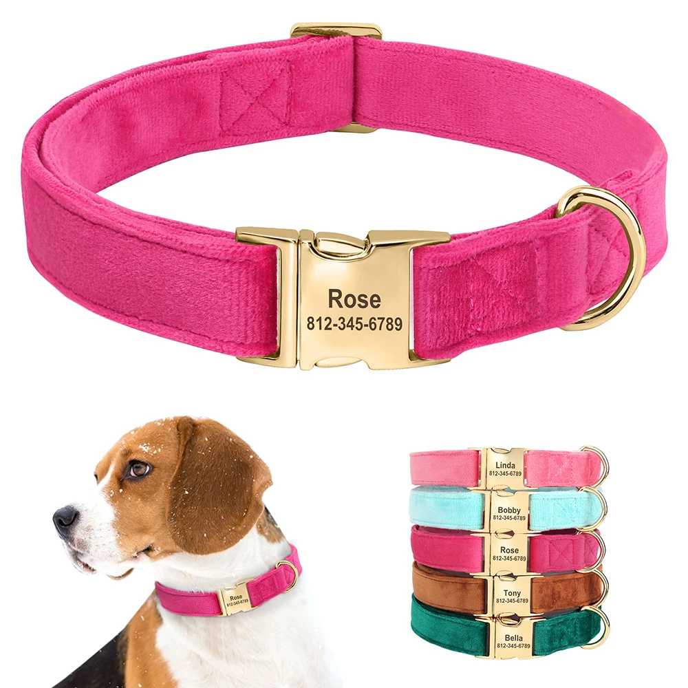 Personalized Velvet Dog Collar Super Soft Dogs ID Buckle Collars Engrave  Name Pet Necklace Adjutable For Small Medium Large Dogs