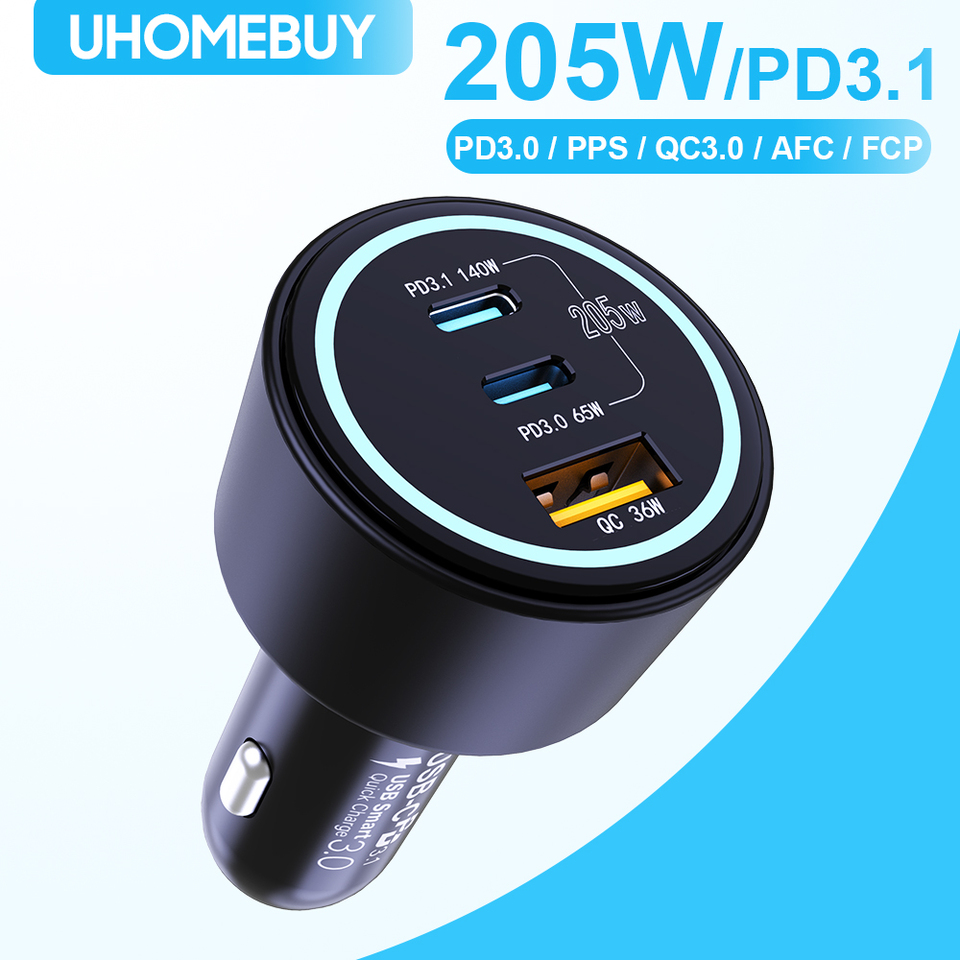 205W PD3.1 Car Charger 140W Fast Charging QC3.0 Quick Charge For Macbook Pro Laptop USB Type C Car Phone Charger For iPhone 16