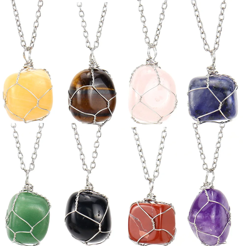 

Natural Irregular Stone Wire Wrap Necklace Rose Quartz Amethysts Charka Necklaces For Women Jewelry