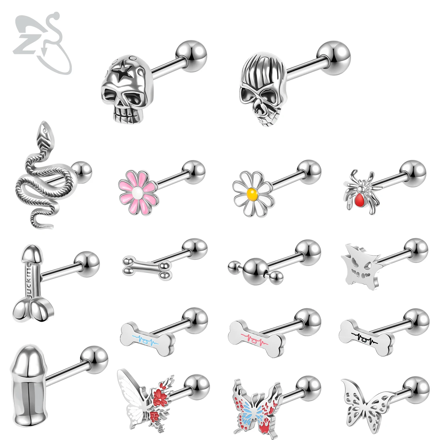 

ZS 1PC Skull Snake Butterfly Stainless Steel Tongue Ring Punk Rock Tongue Stud Cute Bone Tongue Barbell Tragus Piercings 14G