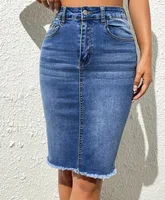 Skirts Women Denim Skirt Mid Length Slim Fit Solid High Waist Casual Regular Elegant Splice Hip Wrap Button Pocket Summer - Image 6