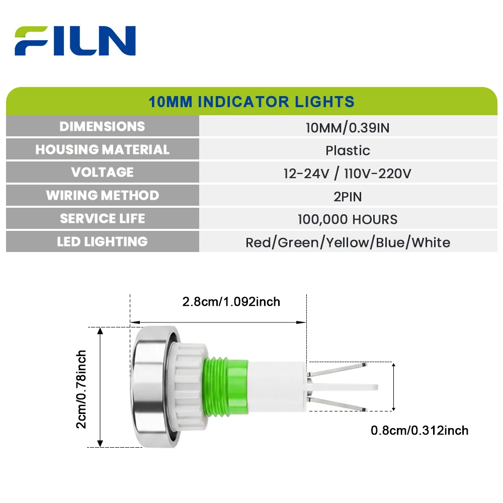FILN 3PCS 10mm LED 표시등 IP67 방수 경고 램프 12-24V/110-220V 스마트 벽 팬 제어판 가전 제품용