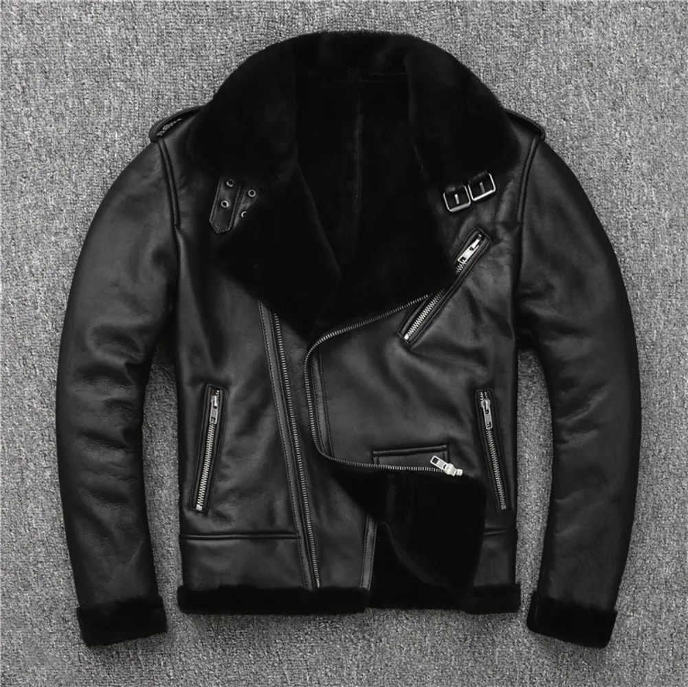 

Winter Chic Men's High Quality Wool Fur Sheepskin Leather Biker Jackets F259