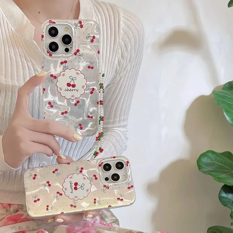 Retro Cherry Dazzle Lustre Lining Phone Case with Lanyard