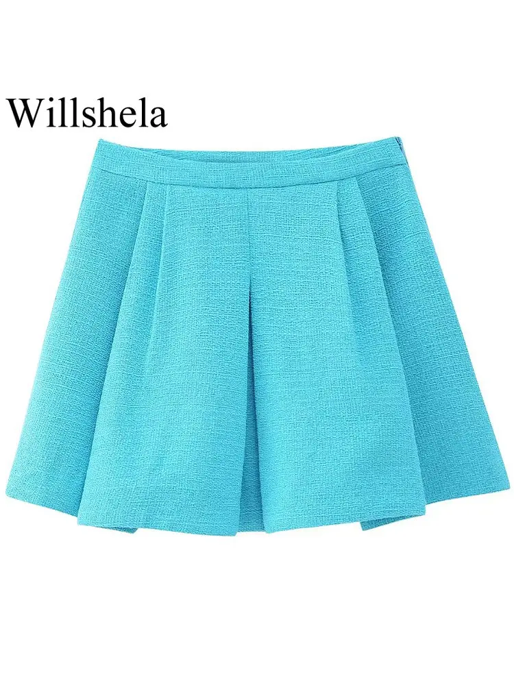 

Willshela Women Fashion Texture Blue Side Zipper Skirts Shorts Vintage High Waist Female Chic Lady Shorts