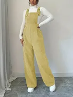 Women Casual Jumpsuit Corduroy Wide Shoulder Straps Button Detail Solid Color Relaxed Fit Autumn Winter Hand Wash Only - Image 4