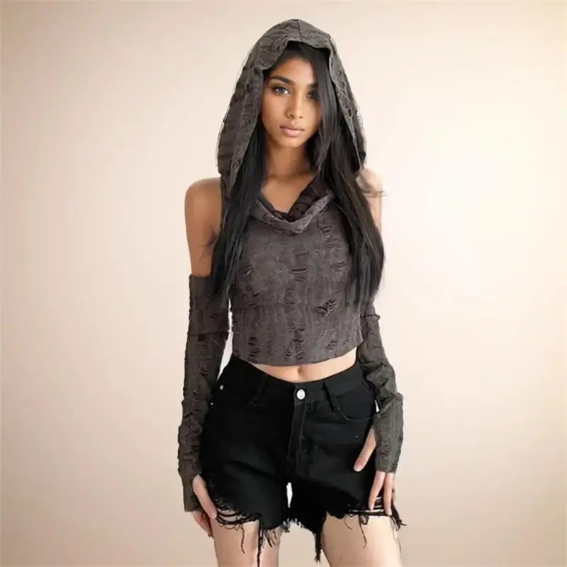 Sexy Hole Oversleeve Crop Top Women Aesthetic Black T-shirts Y2K Retro Hooded Tops Streetwear Punk Tee Shirt Summer