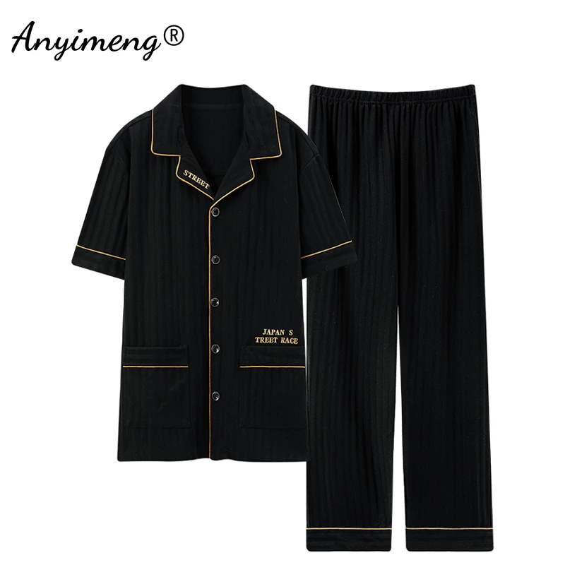 New Fashion Summer Men Sleepwear Soft Cotton Black Pajama Sets for Gentleman V-neck Elegant Young Mens Loose Leisure Homewear mens cotton pyjamas