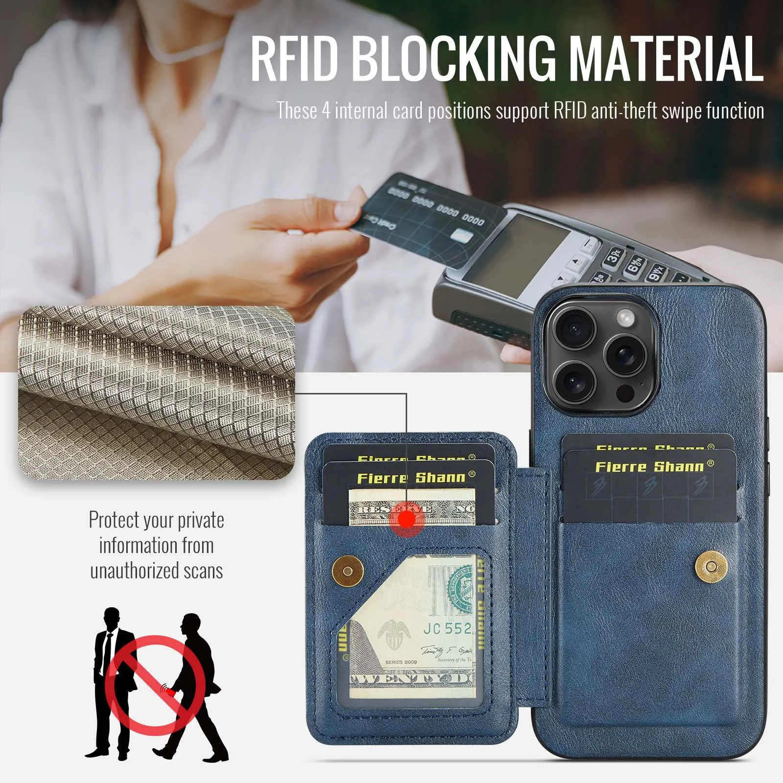 Leather Wallet Card Holder Case with Foldable Hand Band & Magnetic Ring Stand