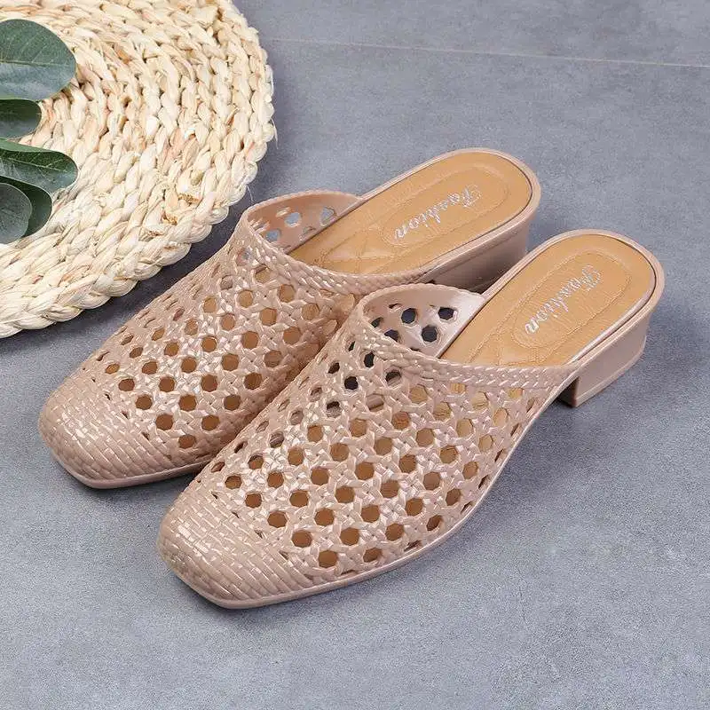 2022 Beach Shoes Slippers,Soft Women's Sandals,Hollow Out Mid Heels,Korea Style Footwear,Antiskid,BLACK,APRICOT,RED,Dropshipping 