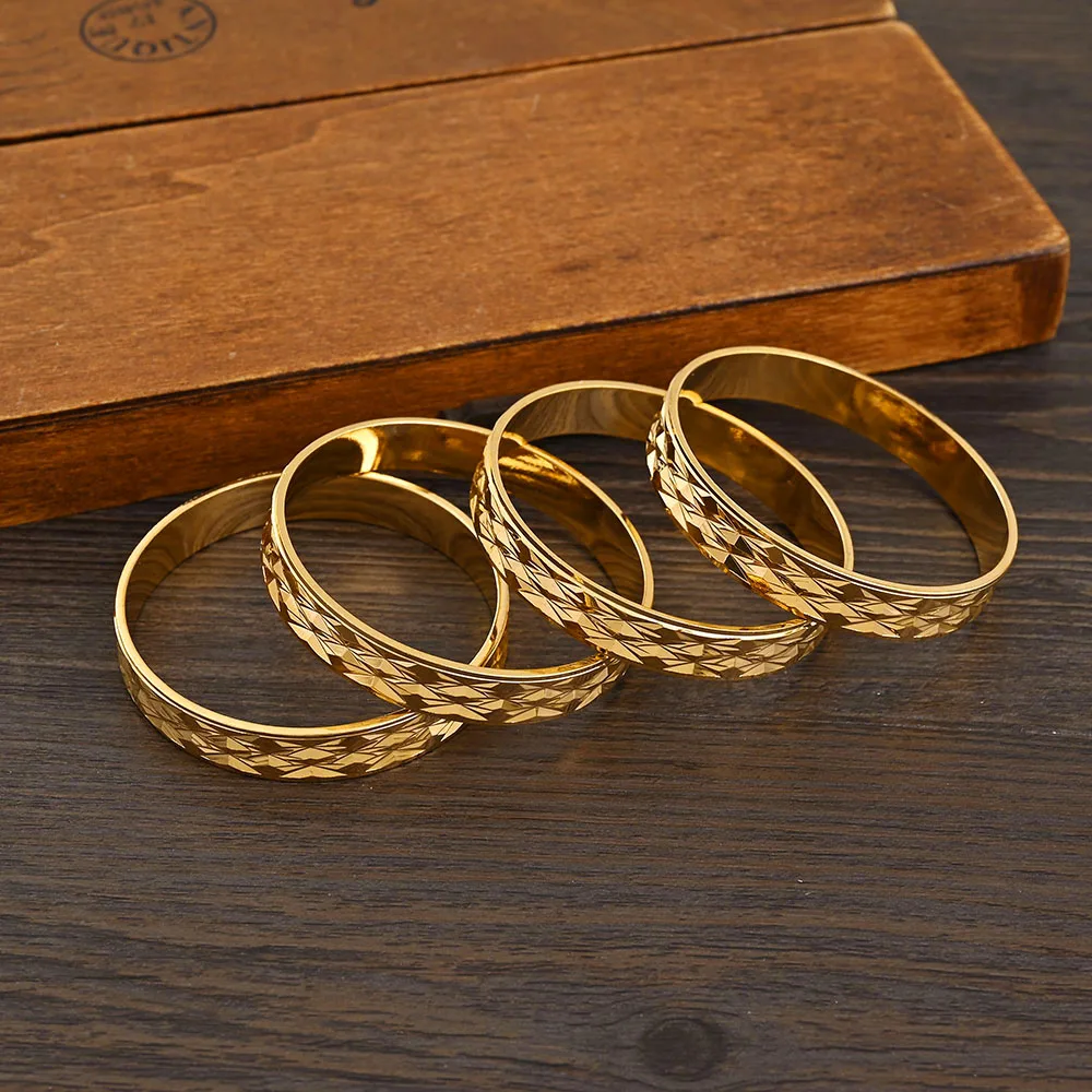 4Pcs 18k 8mm Width 45MM 55MM 65MM 70MM Dubai Baby Cute Bangles For Girl Jewelry Gold Color Bangles Girls Birthday Jewelry Gifts