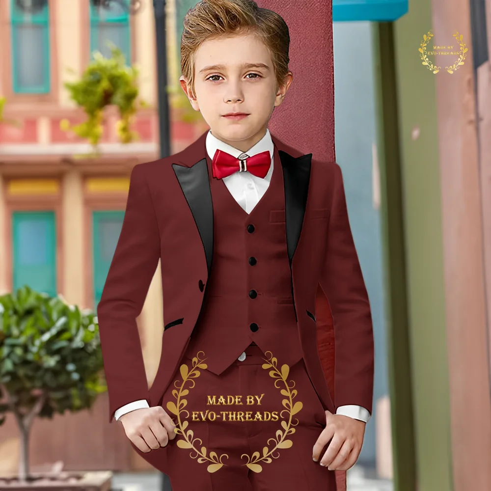 Burgundy Boy's Suit Formal Set 3-Piece (Jacket+vest+pants) Peaked Lapel Classy Kids Tuxedo Age 2-16 Y for Wedding Prom Party
