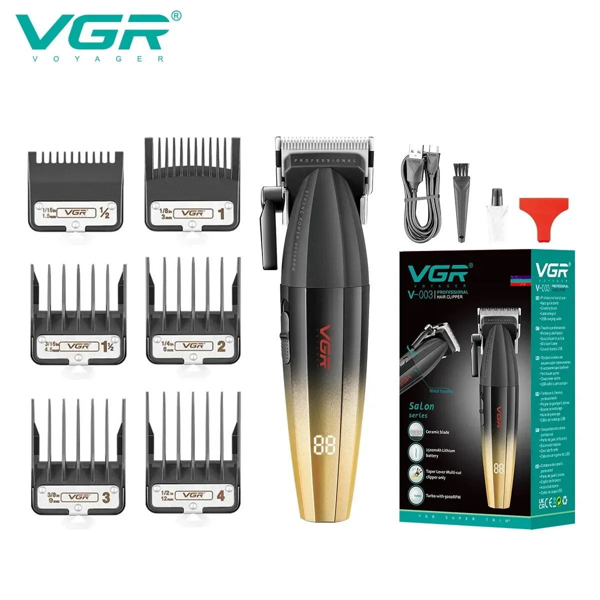 

VGR V003 Professional Barber 9000RPM 5V Motor Electric Push Hair Clipper Oil Head Gradient 2500mAh Li-ion Battery Trimmer Tool