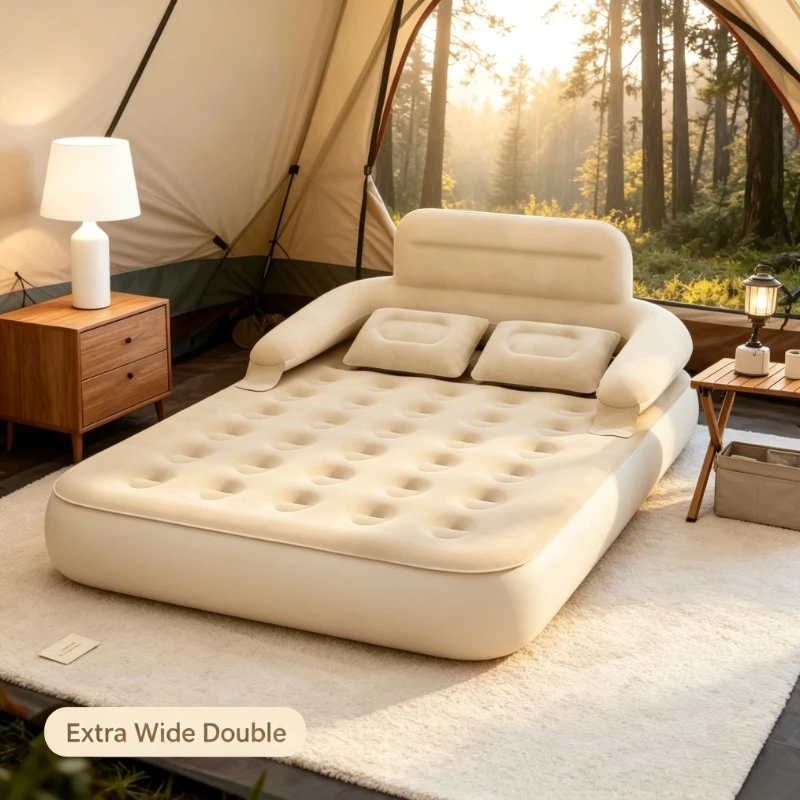 Lit gonflable de camping extérieur, avec dossier + double oreiller, multi-usage pour camping-car/hôtel/chalet/chambre |   Inflation rapide et économie de main-d'œuvre