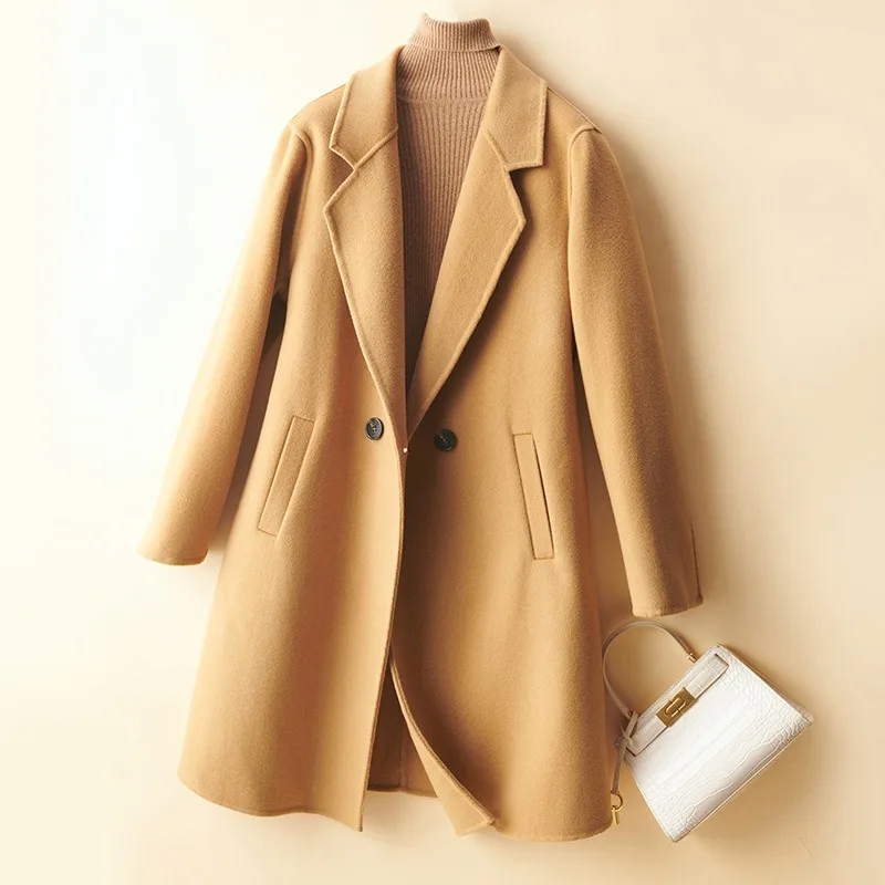 2023 Winter New Women Double-Sided Wool Overcoat Female Mid-Length Temperament Slim Fit Woolen Outwear Pure Color Casual Outcoat