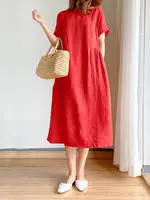 Loose Fit round Ne Linen Dr ort Sve Summer Thin A-Line Midi Dr Commute Sle High Waist Soft Medium Summer Dr - Image 2