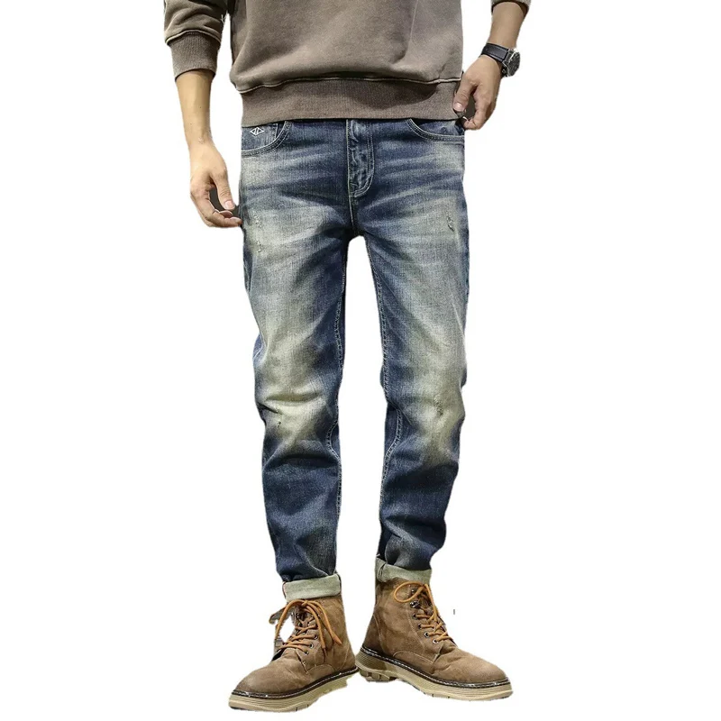 European Vintage Fashion Men Jeans Retro Blue High Quality Elastic Slim Fit Ripped Jeans Men Casual Designer Denim Pants Hombre
