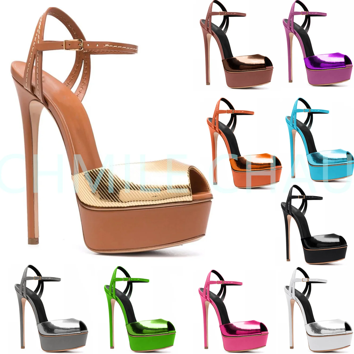 

New Striped Patent Elegant Luxury Designer Women Sandal Platform High Heel Ankle Strap Fetish Banquet Shoe Plus Size 82-CHC-30