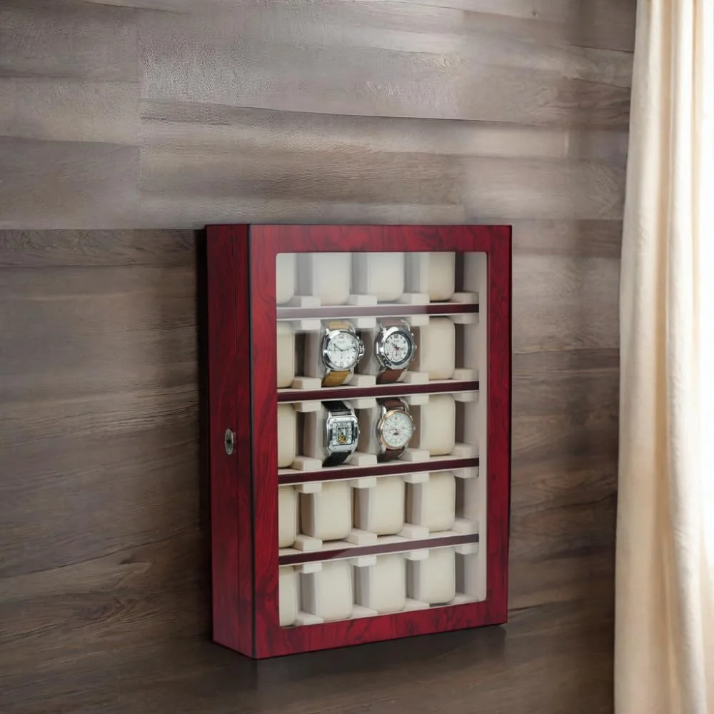 20 Piece Cherry Wood Watch Display Wall Hanging Case and Storage Organizer Box and Stand for Oversized Watches