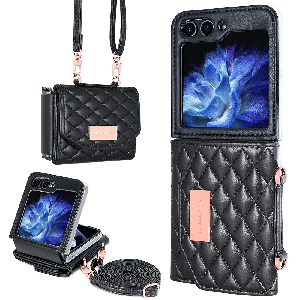 Custodia a portafoglio in pelle con tracolla e carte Solt per Samsung Galaxy Z Flip 6 5 4 3 5G Flip6 Flip5 con cinturino a diamante e tripla piega_voghion.com